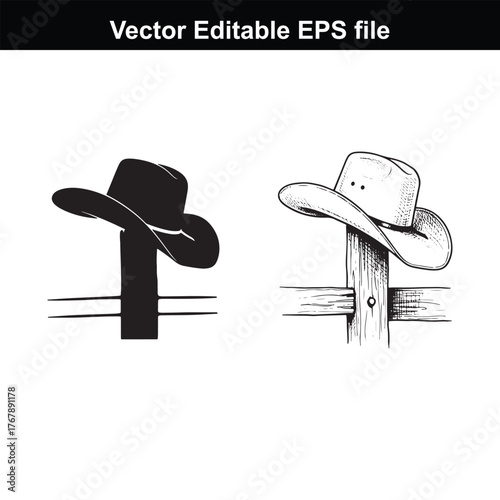Two cowboy hats on a fence post, one solid black silhouette and one sketched
