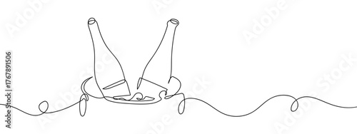 Two champagne bottles in an ice bucket, one continuous line, hand drawn doodle. single line art drawing vector illustration strokes can be edited.