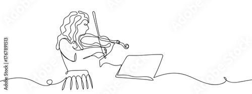 Female musician playing violin, one continuous line, hand drawn doodle. single line art drawing vector illustration strokes can be edited.