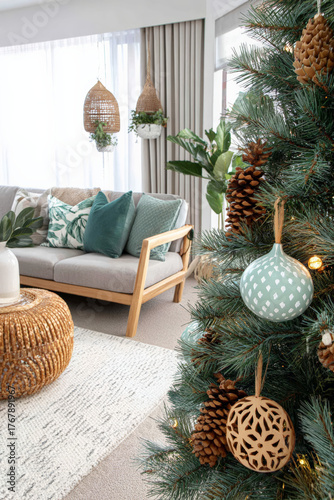 Cozy living room decorated for Christmas with a modern, natural aesthetic