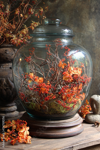 Autumnal glass terrarium with orange berries and fall foliage