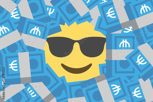 Cool smiling emoji with sunglasses surrounded by stacks of blue euro banknotes, symbolizing wealth, financial success, prosperity, happiness, and the fun carefree attitude of a luxurious lifestyle.
