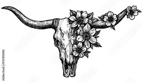 Vintage engraving of a bull skull decorated with flowers. Detailed black and white etching illustration in western floral style.