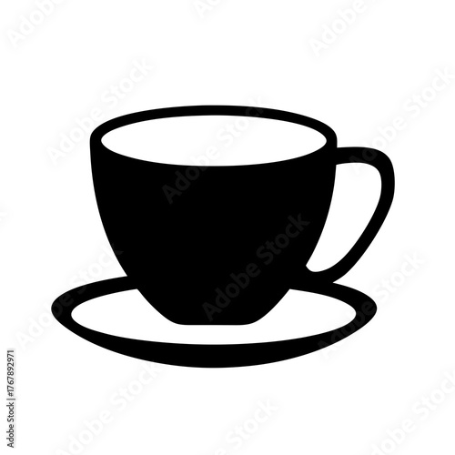 Black and white illustration of a coffee cup on a saucer design