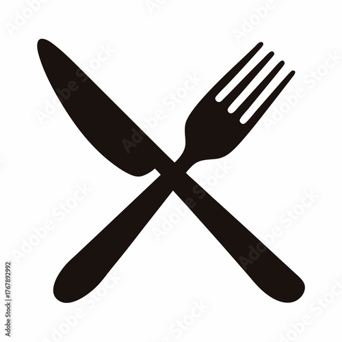 Black and white cutlery illustration with knife and fork crossed each other