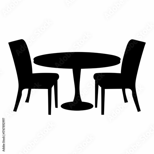Minimalist silhouette of a round table with two chairs for dining