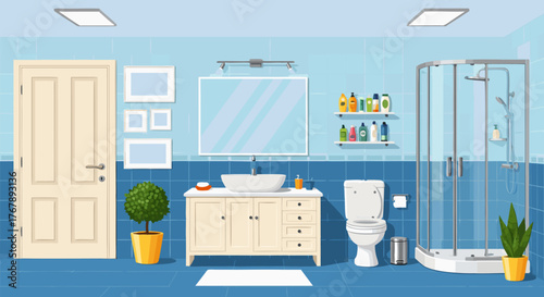 A spacious and well-lit bathroom featuring a modern vanity, toilet, and shower stall, complete with decorative plants and essential toiletries