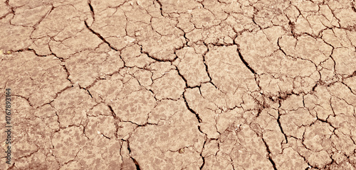 Close-up of cracked, dry earth forming a deep, intricate texture, symbolizing drought, climate change, and desertification.