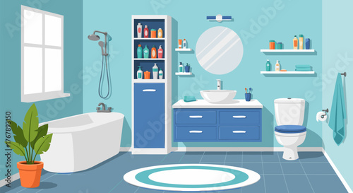 Modern Bathroom Interior Illustration featuring Bathtub, Sink, Toilet, and Storage Cabinet in a Clean Blue and White Design, Perfect for Home Decor and Hygiene Concepts