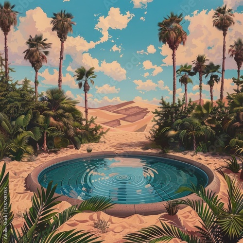 An oasis in the desert with lush palm trees and clear water. A beautiful peaceful island in the desert.