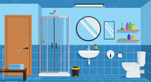 Cartoon vector illustration of a modern blue bathroom interior with a shower stall, sink, and toilet for a home design concept