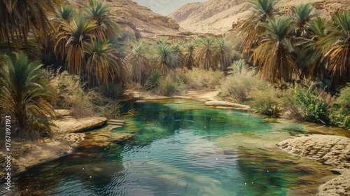 An oasis in the desert with lush palm trees and clear water. A beautiful peaceful island in the desert.