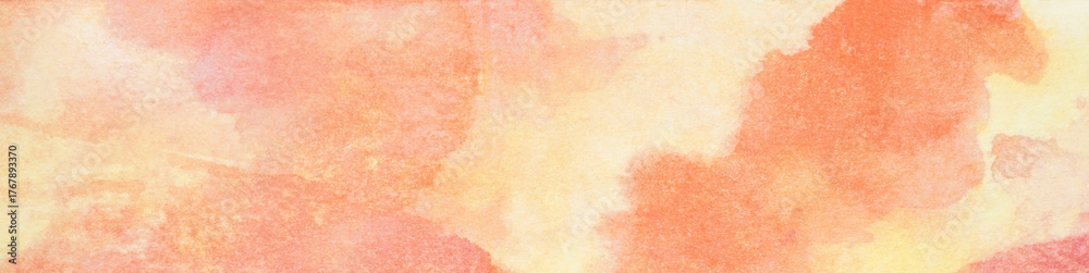 Fototapeta premium Yellow gold orange red coral peach pink lilac purple white abstract watercolor water. Art background. Pastel soft light pale shade. Colorful spot splash.Sunset sky cloud sun sunny. Design.Wide banner