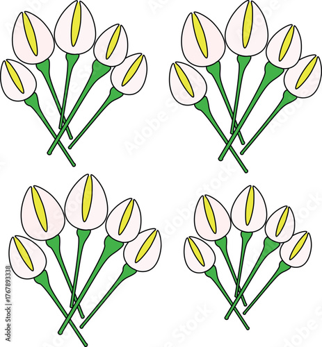 Calla lily clusters four groups white blooms green stems and yellow centers botanical arrangement