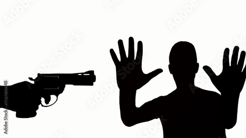 Gun aimed against a silhouette of a man with hands raised,robbery, crime, and social issues concept.