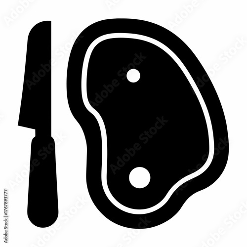Illustration of a black and white steak with a carving knife beside it