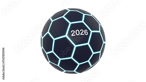Futuristic soccer ball design with glowing lines and the year 2026 prominently displayed.