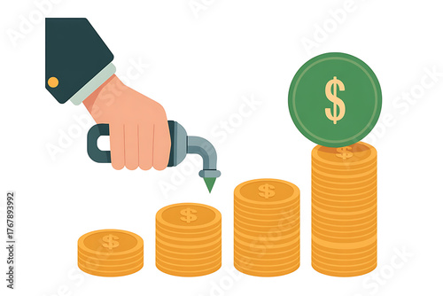 Hand pours money into stacks of coins, illustrating financial growth and investment concepts.