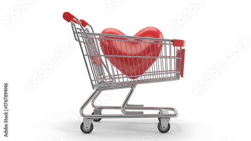 Shopping cart holds a vibrant red heart, symbolizing love and care for consumer choices.