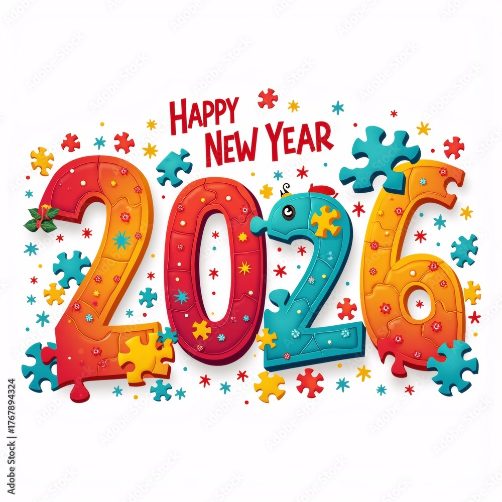 Fototapeta premium digital greeting card new year 2016 has white background text happy new year written red capital letters top below text two numbers one red blue colorful puzzle pieces numbers arranged way form shape