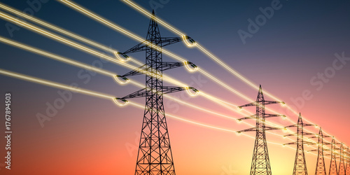 Cuadro en lienzo Electricity transmission towers with glowing wires against sunset sky - Energy c
