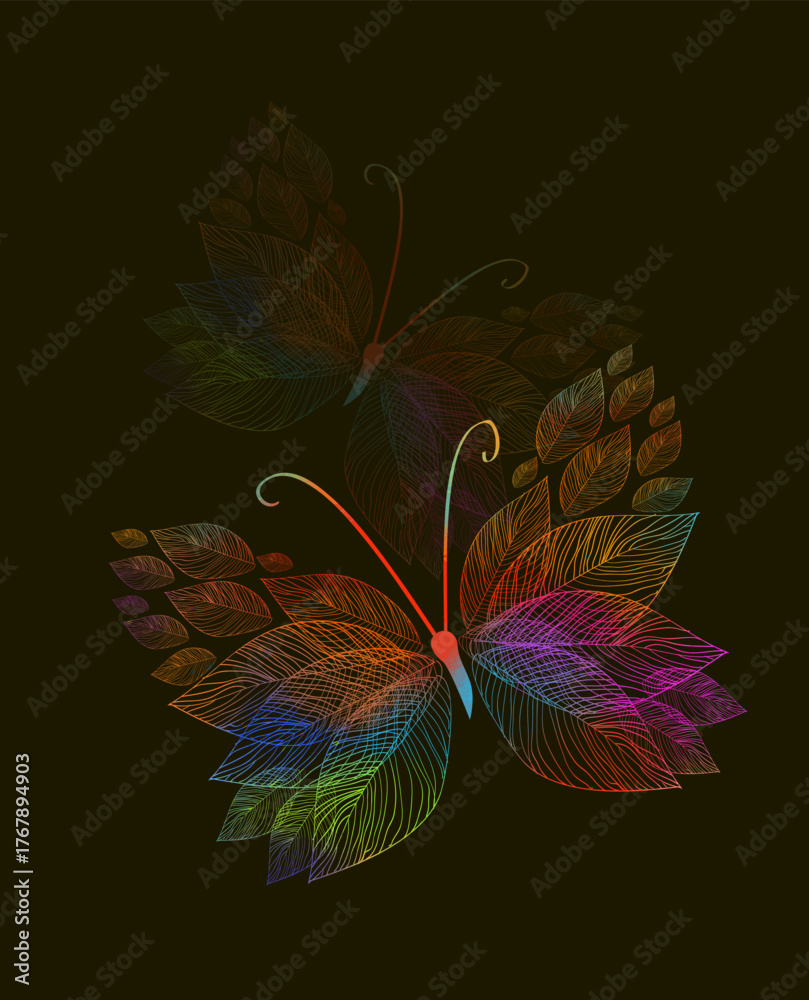 Fototapeta premium Rainbow Abstract Butterfly from leaves. hand drawn. Not AI, Vector illustration
