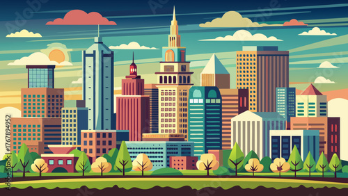 Very beautiful, skyline of downtown Hartford, Connecticut, USA, showcasing modern and historic architecture, urban cityscape, Connecticut River views, and vibrant metropolitan environment under clear 