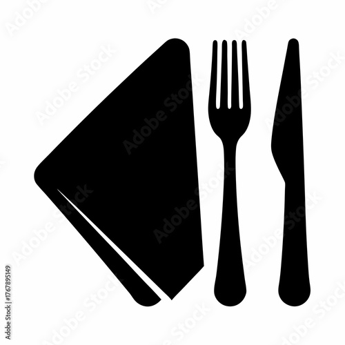 Cutlery set including a fork, knife and napkin flat vector illustration