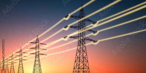 Electricity transmission towers with glowing wires against sunset sky - Energy concept - 3D illustration
