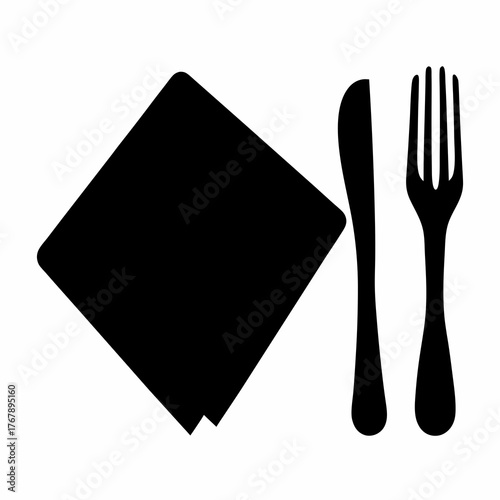 Elegant dining setting illustration with a napkin, fork and knife in silhouette