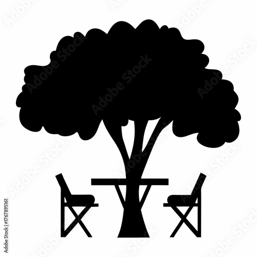 Monochromatic silhouette of a tree shading a table with two chairs