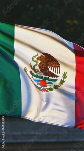 Vertical, Mexican Flag Waving Proudly with Eagle Emblem