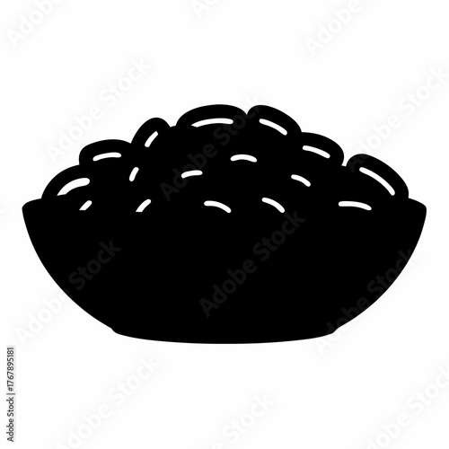 A black and white illustration of a bowl overflowing with food