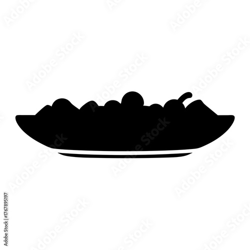 Black silhouette of a plate filled with olives and peppers on white