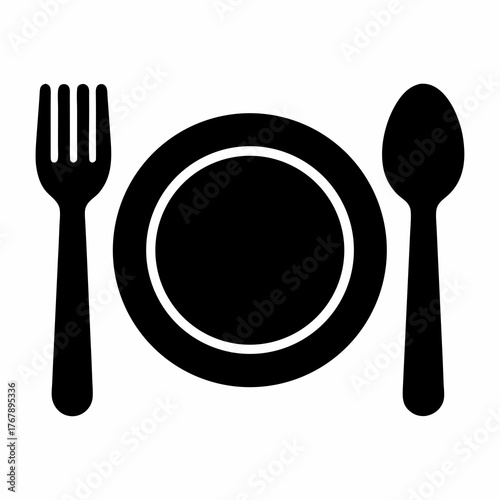 Elegant table setting featuring a plate, fork, and spoon in black silhouette