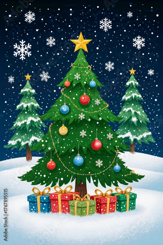 Christmas tree in a snowy forest, decorated with red and silver balls, snowflakes and garlands, new year tradition, merry xmas