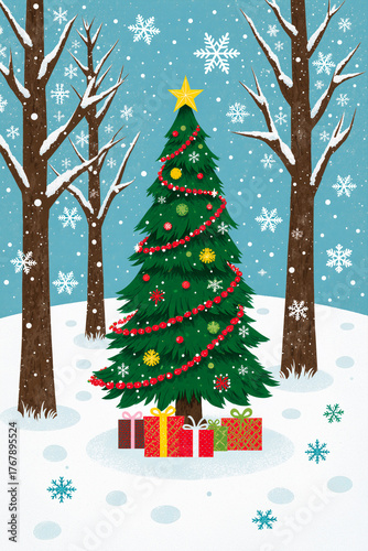 Christmas tree in a snowy forest, decorated with red and silver balls, snowflakes and garlands, new year tradition, merry xmas