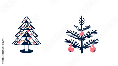 Two Christmas trees with colorful decorations in minimalistic style  