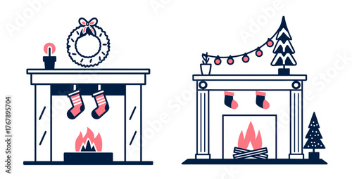 Two decorated fireplaces with Christmas stockings and ornaments  