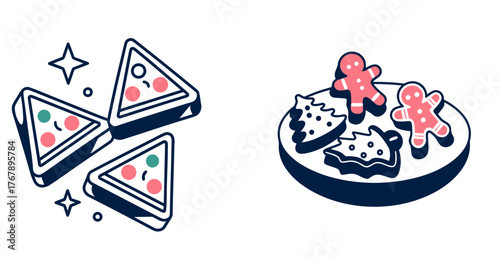 Holiday cookies with gingerbread men and festive triangle sweets  