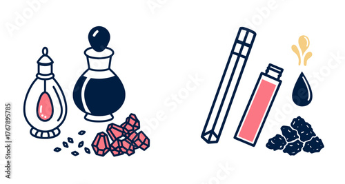 Bottles of essential oils with crystals and incense sticks for New Year and Christmas  