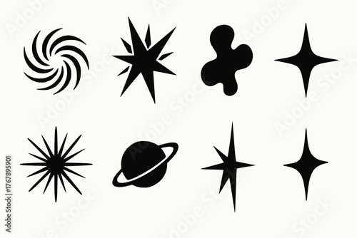 Black silhouette icons of celestial and abstract shapes in minimalist graphic set