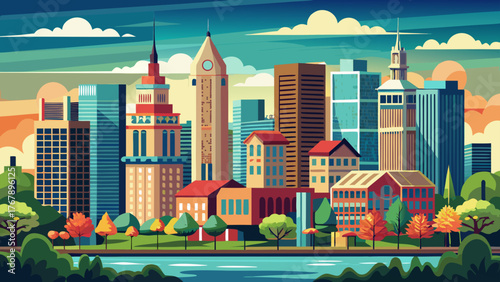 Very beautiful, Hartford, Connecticut, USA downtown skyline, featuring modern skyscrapers, historic buildings, Connecticut River, and urban cityscape with vibrant metropolitan surroundings under clear