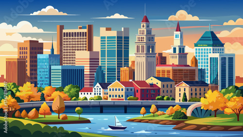 Very beautiful, Hartford, Connecticut, USA downtown skyline, featuring modern skyscrapers, historic buildings, Connecticut River, and urban cityscape with vibrant metropolitan surroundings under clear