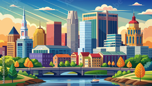 Very beautiful, Hartford, Connecticut, USA downtown skyline, featuring modern skyscrapers, historic buildings, Connecticut River, and urban cityscape with vibrant metropolitan surroundings under clear