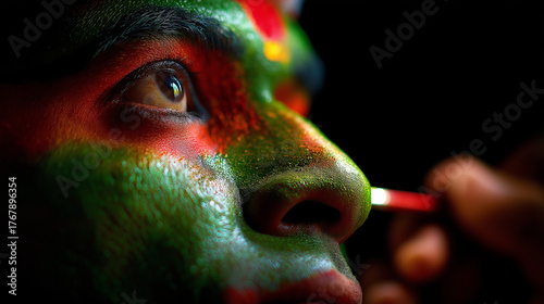 Kathakali performer applying makeup backstage, vivid green and red palette, India, Kathakali, dance, Kerala, culture, performance, theater, tradition, makeup, with copy space