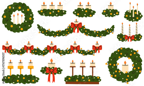 Set of candles with Christmas tree branches. Flat vector illustration.