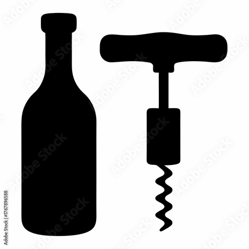 Simple black silhouette of a wine bottle with a corkscrew beside it