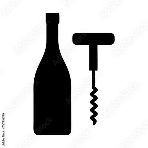 Elegant black silhouette illustration of a wine bottle with a corkscrew