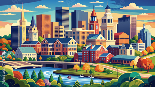 Very beautiful, high buildings in the center of Hartford, Connecticut, USA, panoramic top view of one of America’s oldest cities, showcasing historic and modern architecture, urban streets, and scenic